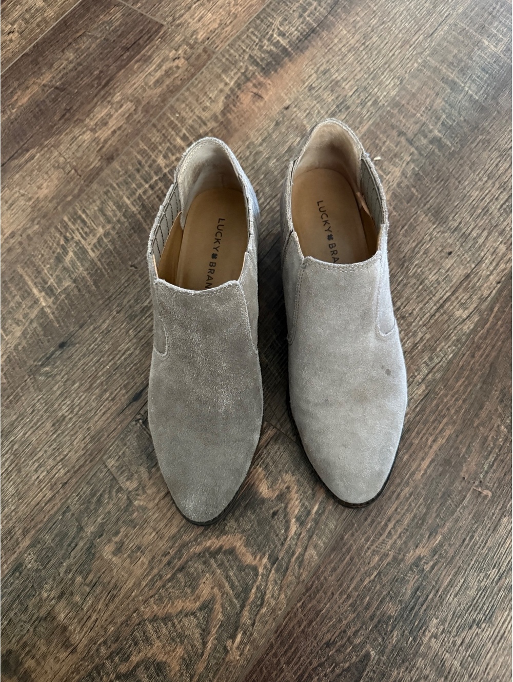 Lucky Brand Women's Beige Suede Ankle Boots with Low Stacked Heel, Size 8.5